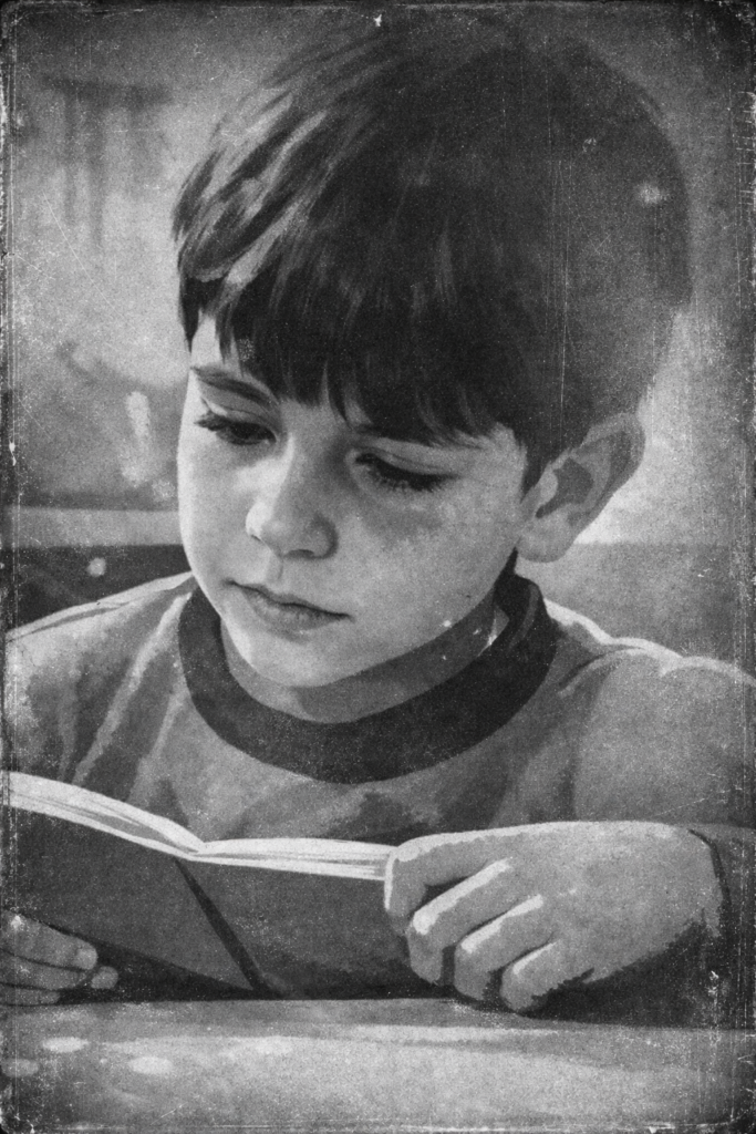 niño leyendo un libro en blanco y negro, imagen simbólica del origen de la mirada creativa de Gorka González