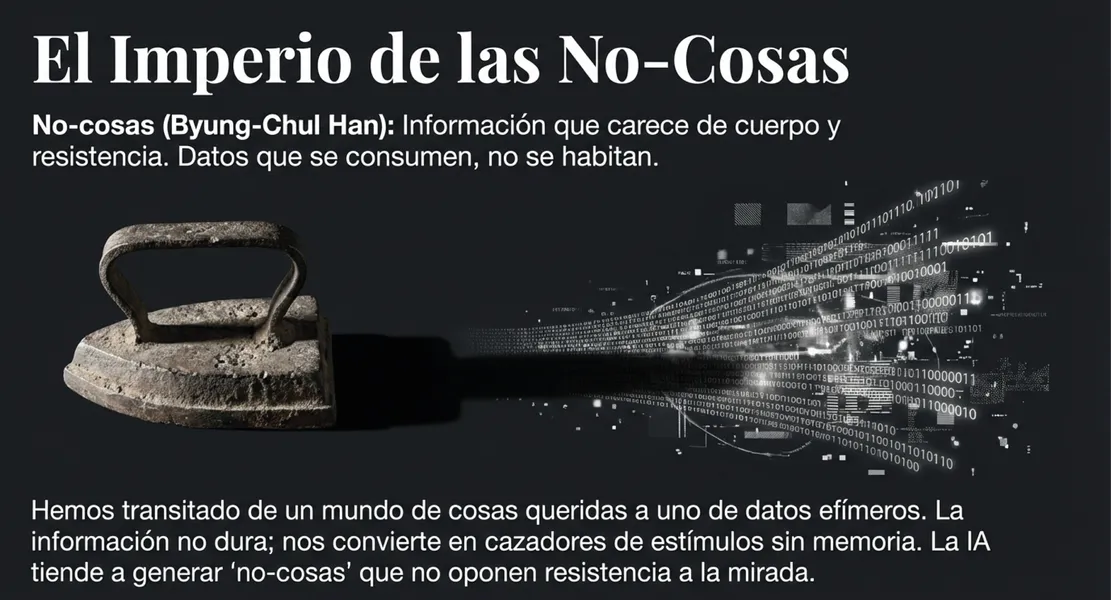 representación visual del concepto de no-cosas de Byung-Chul Han con datos digitales emergiendo de un objeto
