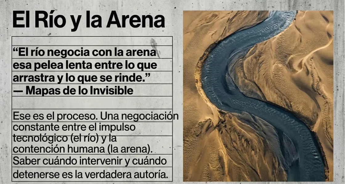 vista aérea de un río serpenteando entre dunas simbolizando la relación entre tecnología y control humano